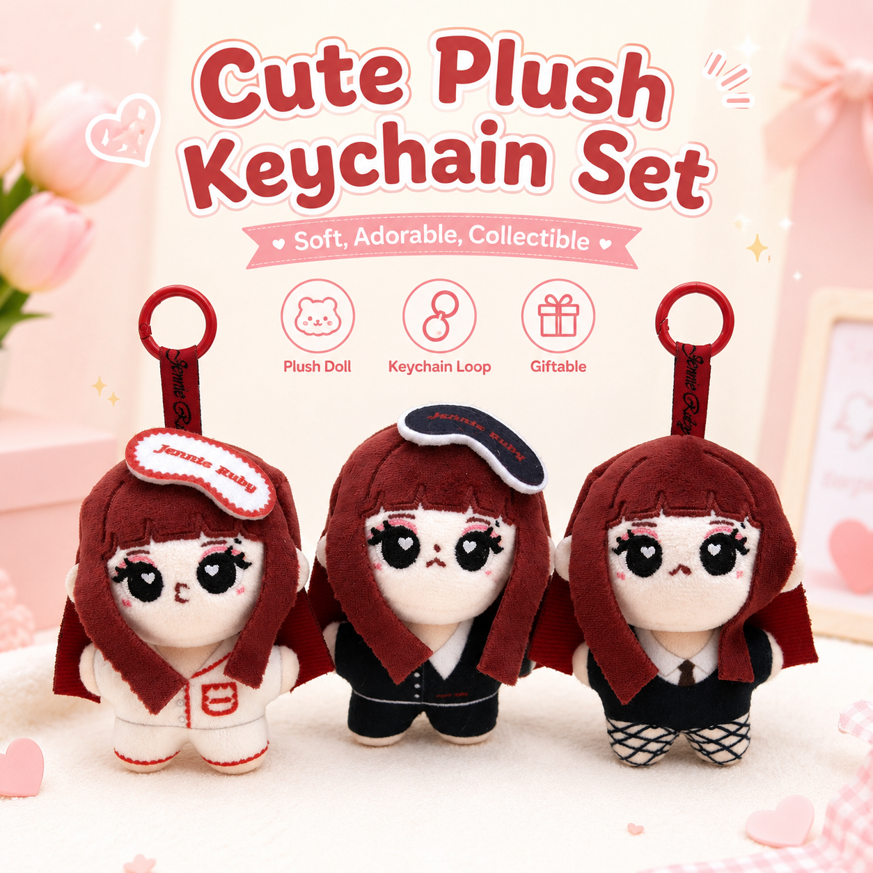 Men Keychain Accessories - Cute Jennie Ruby Plush Keychain Red