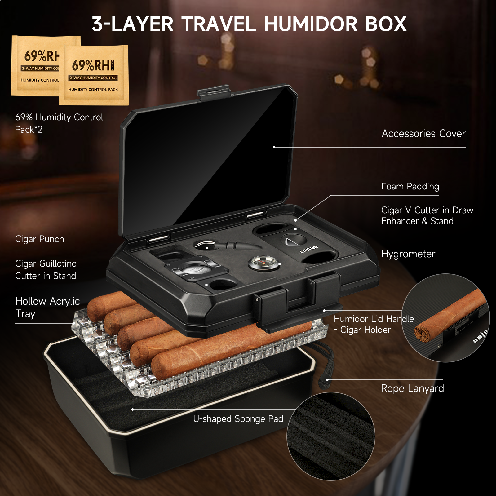 Portable Travel Humidor Box wi - Cigar Cutter Set avis et prix